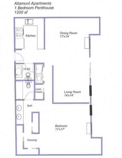 Floor plan for 1 bed, 1.5 baths, 1200 sqft